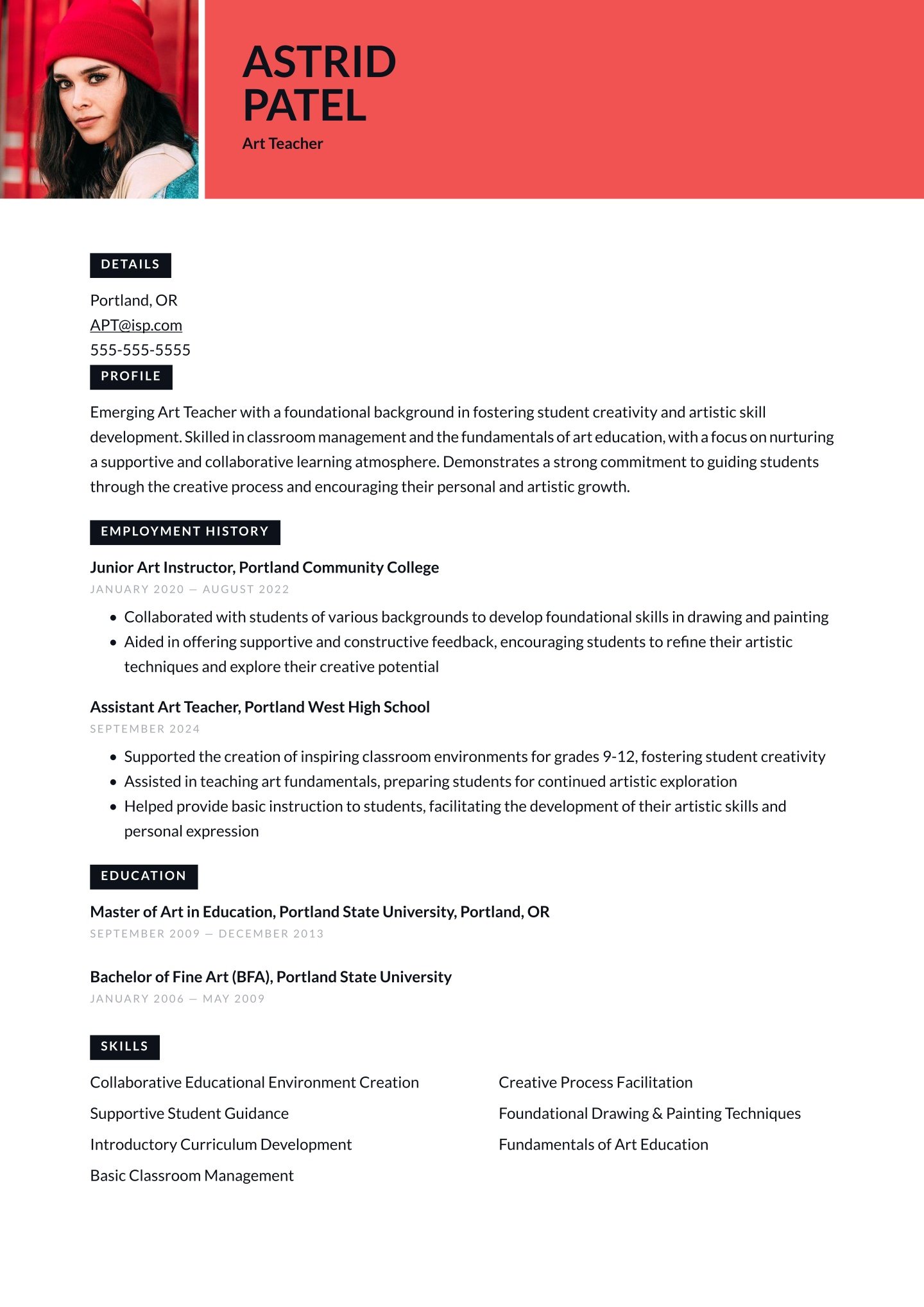 Entry-level Art Teacher Translation missing: en.examples.cover_letter_example