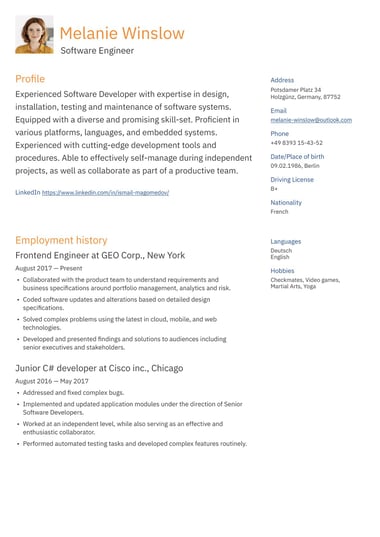 One column CV template Two column ATS