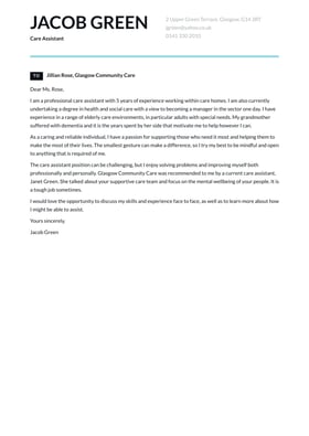 Care Assistant cover letter example