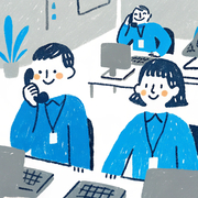 A cartoon image of two workers with name badges working in an office, one on the phone