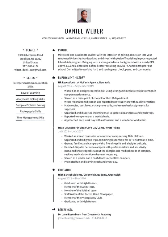College Admissions resume examples & templates