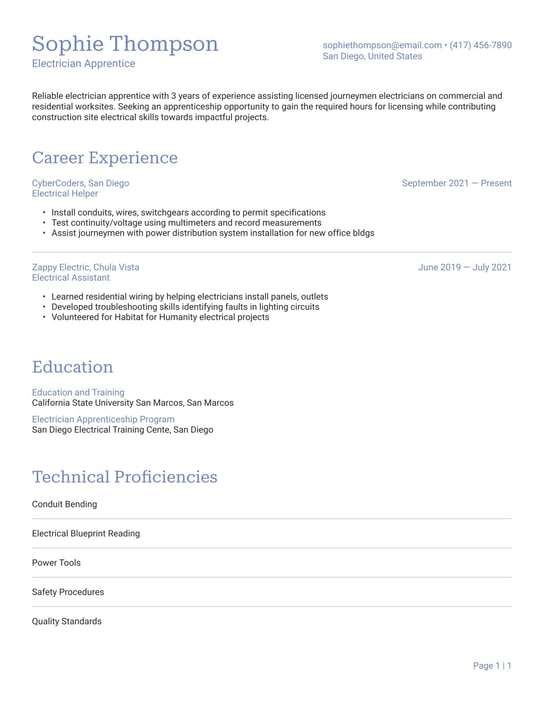 Electrician Apprentice resume examples & templates