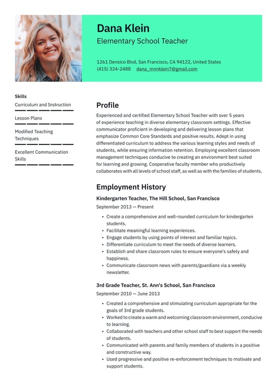 Elementary School Teacher resume examples & templates