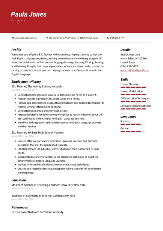 ESL Teacher resume examples & templates