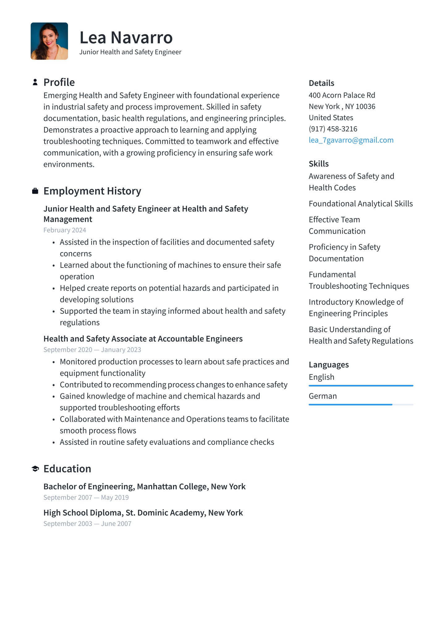 Entry-level Health and Safety Engineer Translation missing: en.examples.cover_letter_example