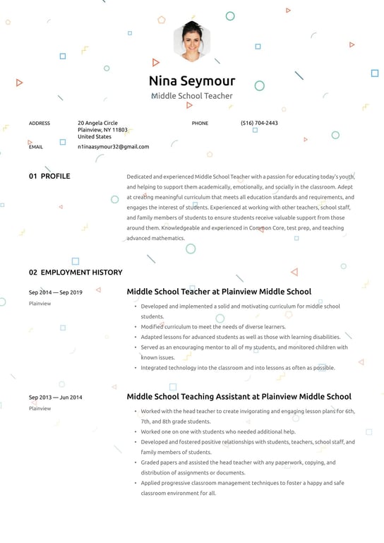 Middle School Teacher resume examples & templates