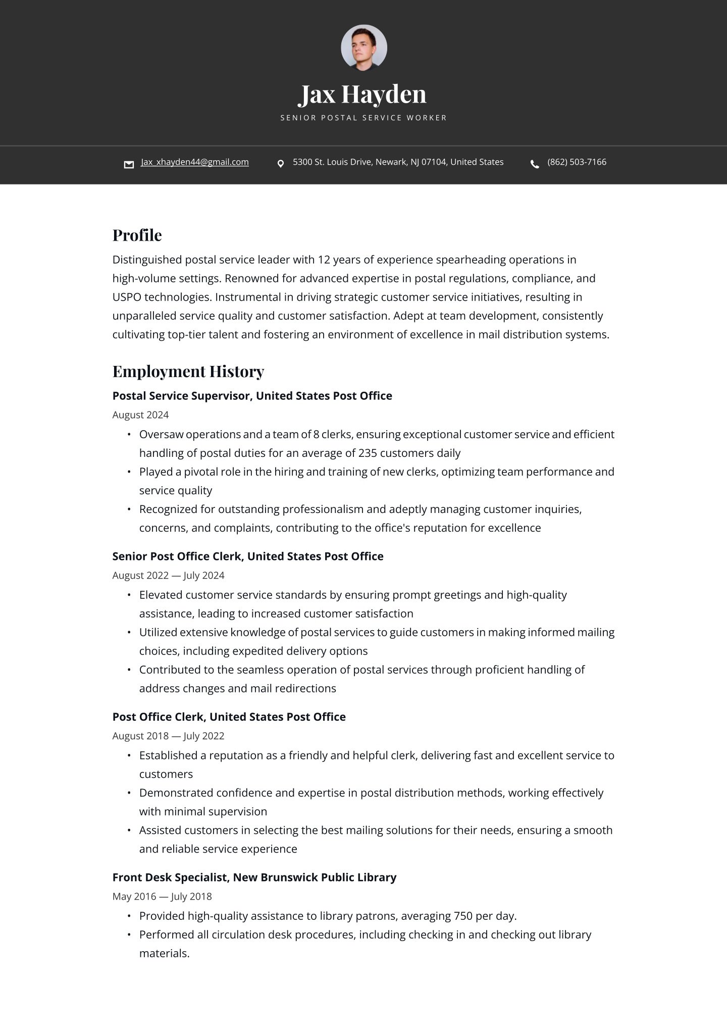 Senior-level Postal Service Worker Translation missing: en.examples.cover_letter_example
