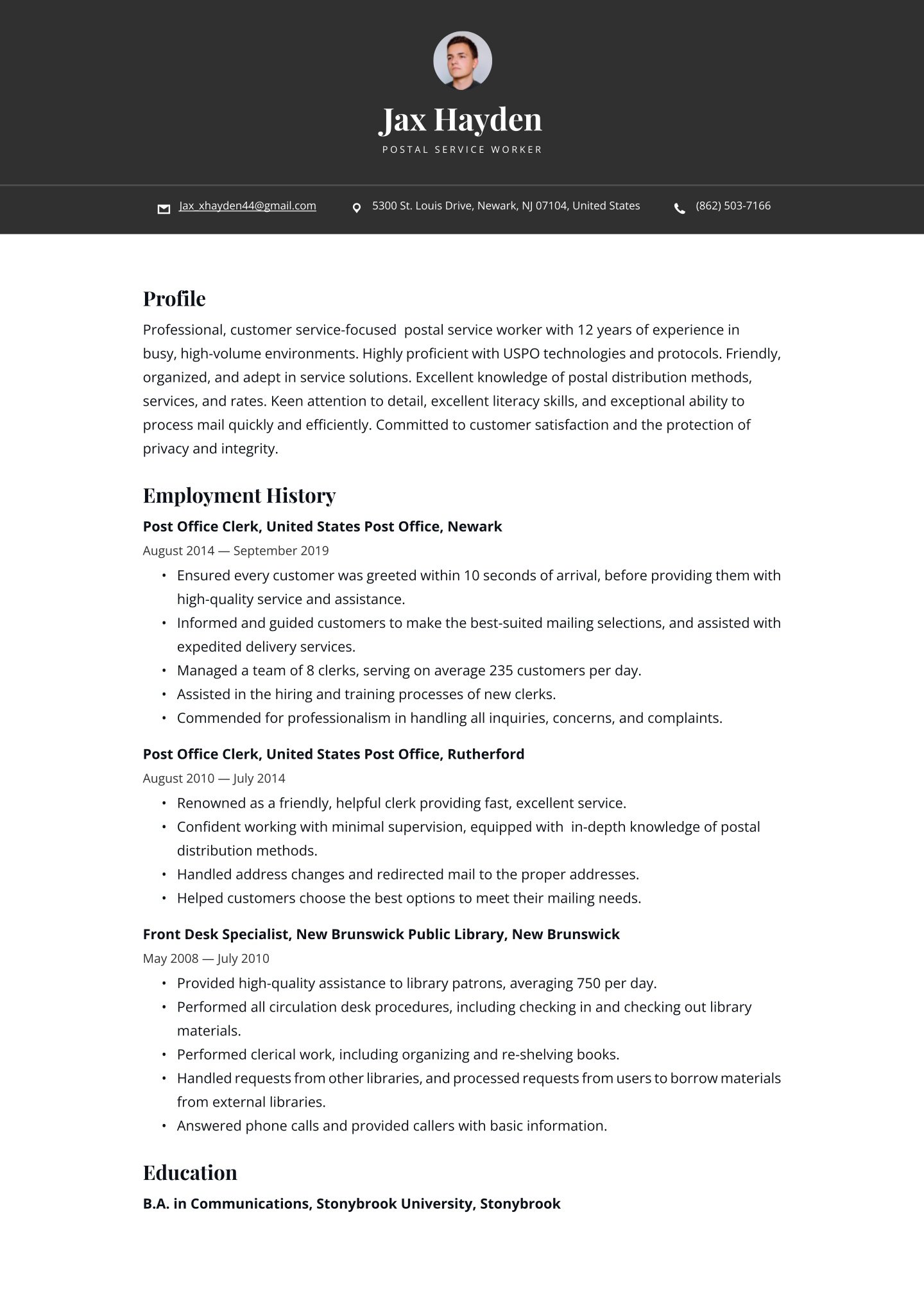 Mid-career Postal Service Worker Translation missing: en.examples.cover_letter_example
