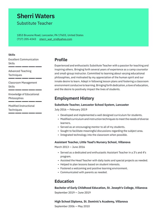 Substitute Teacher  resume examples & templates