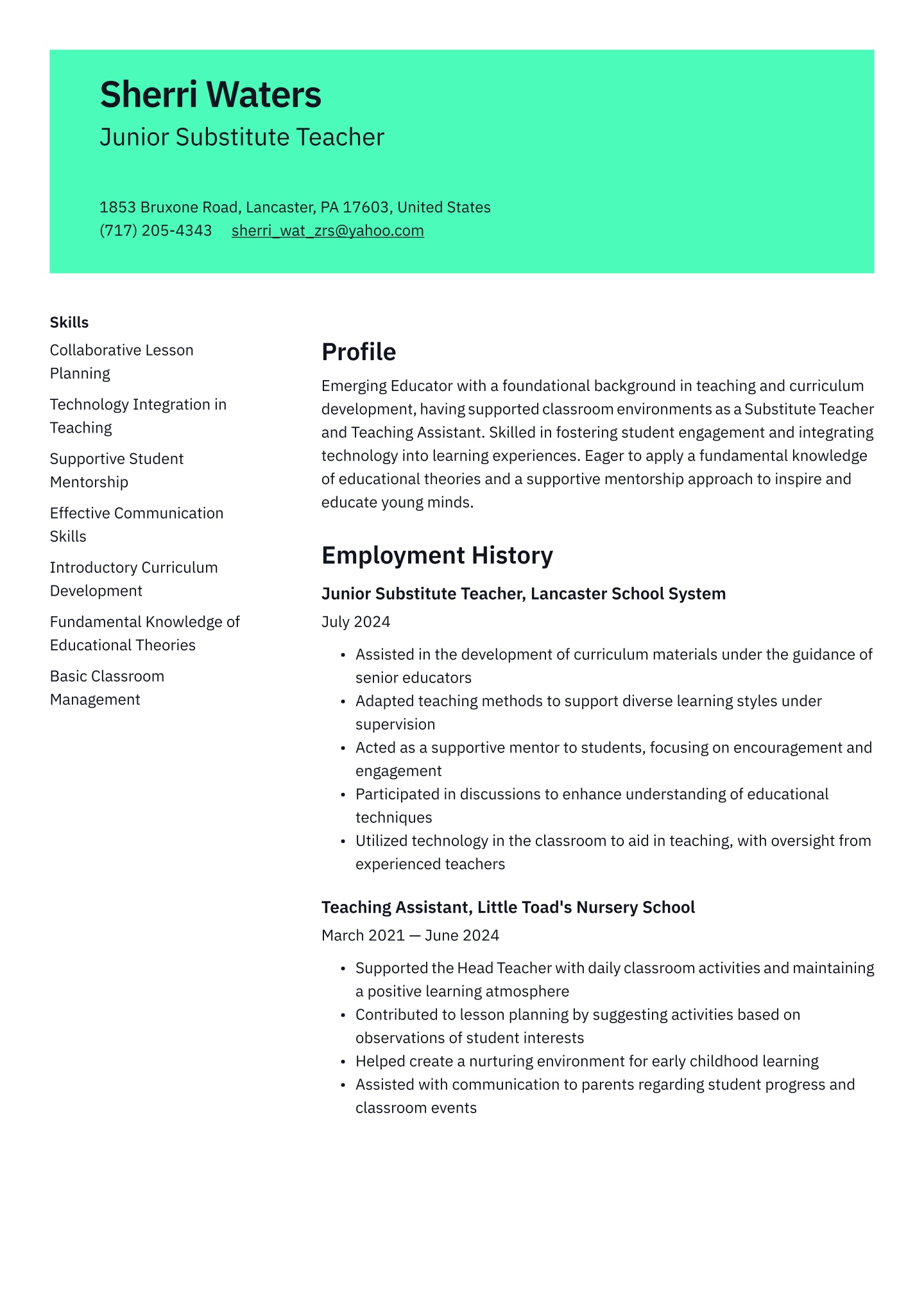 Entry-level Substitute Teacher  Translation missing: en.examples.cover_letter_example