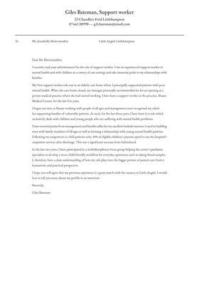 Support Worker cover letter example