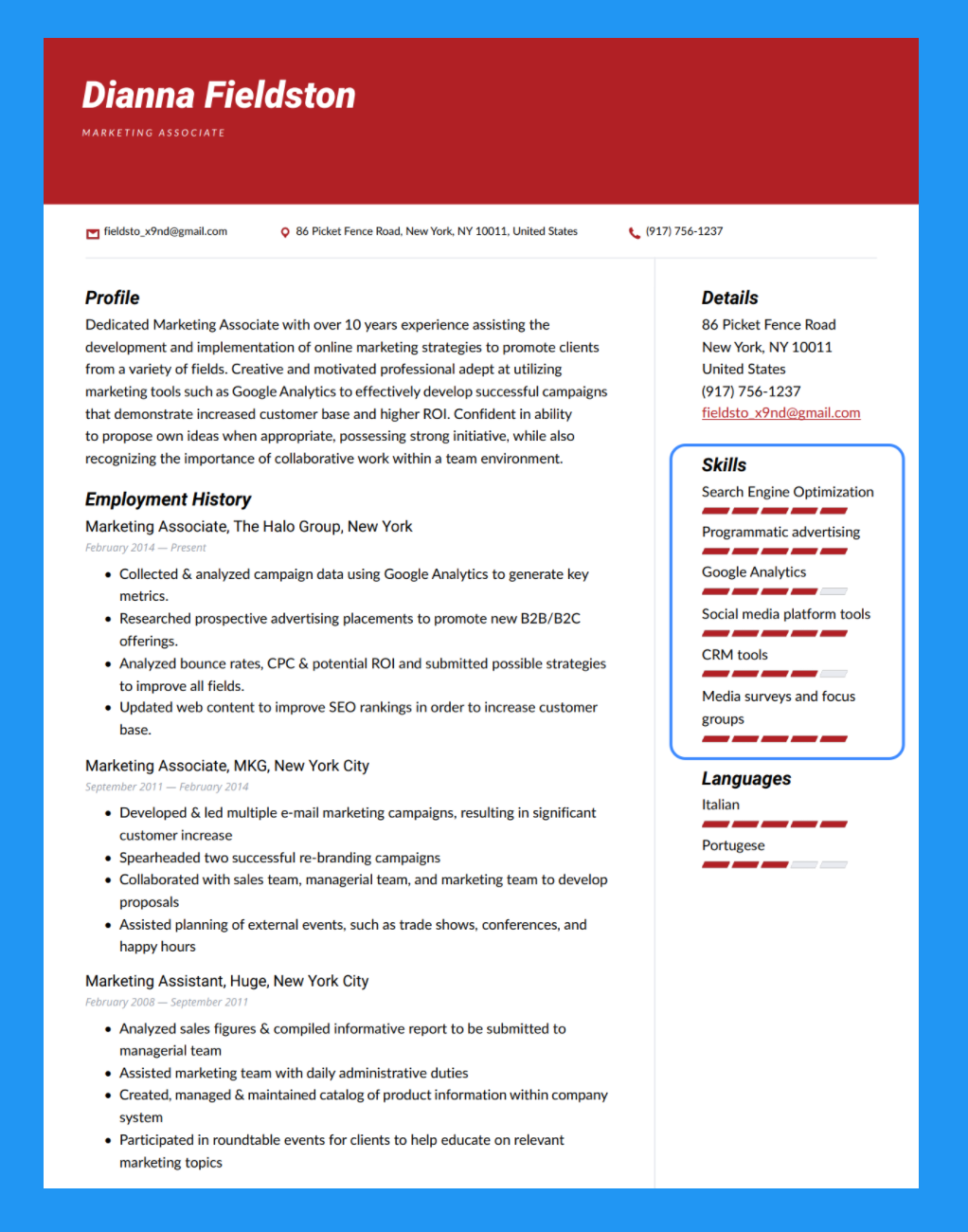 Skills section highlighted in example resume