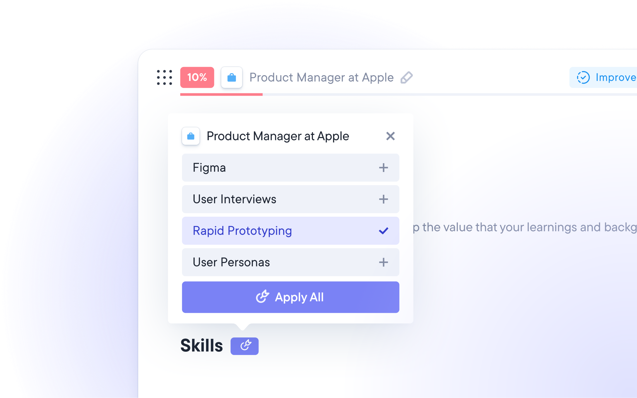AI-powered resume builder feature instantly matching skills to the job description.